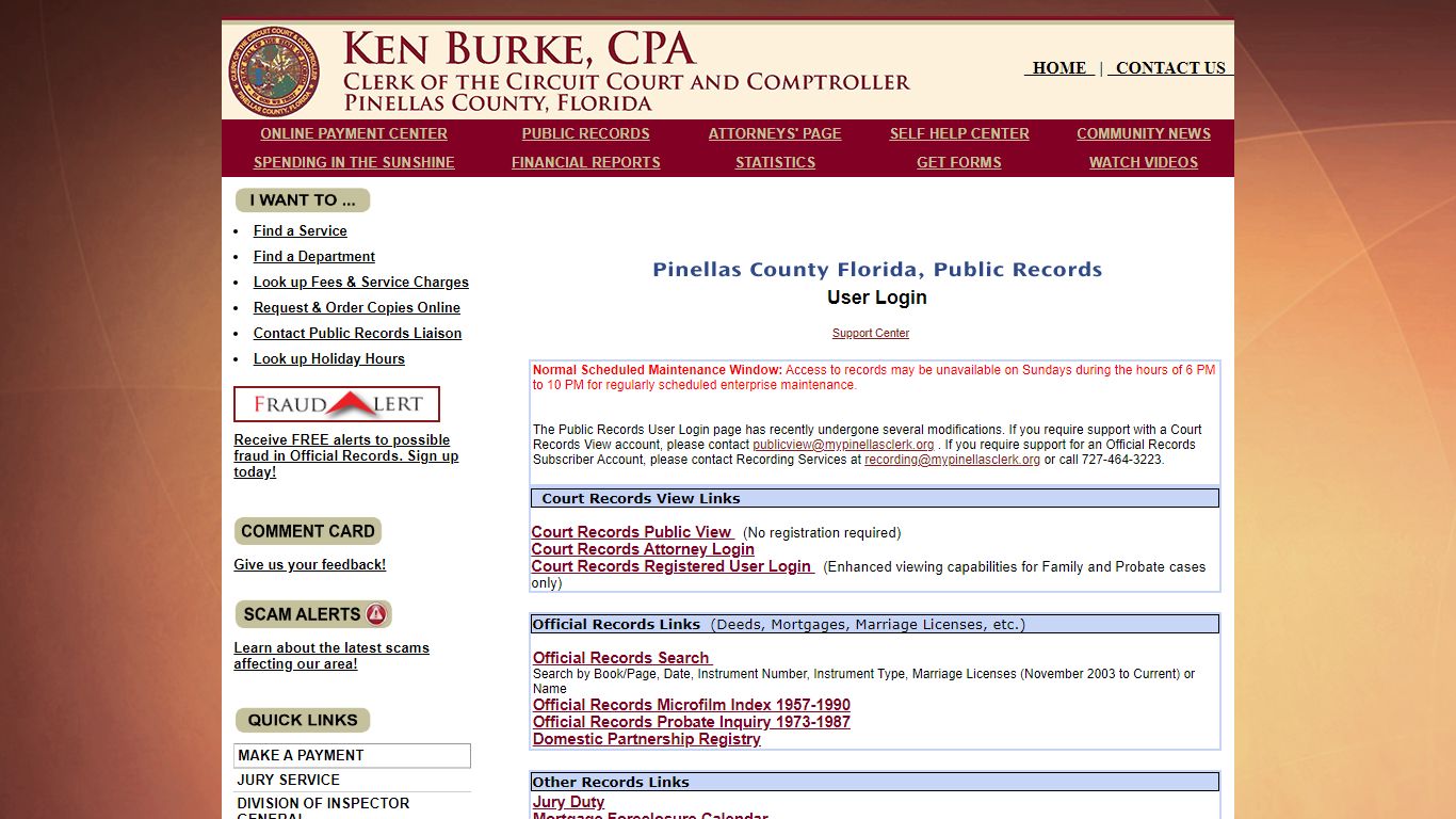 Pinellas County Records Main Menu